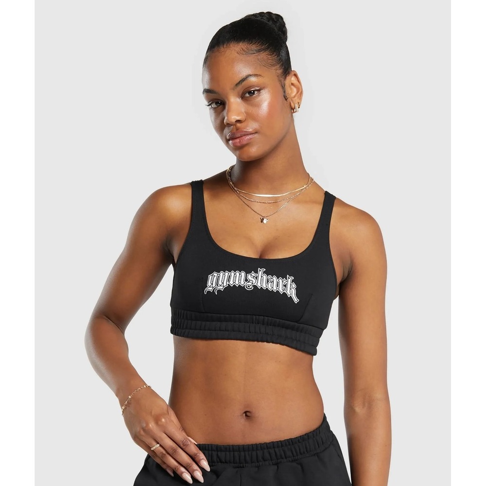 Gymshark Heavyflex Bralette Black Gothic Logo Sports Bra Scoop Neck Elastic Band